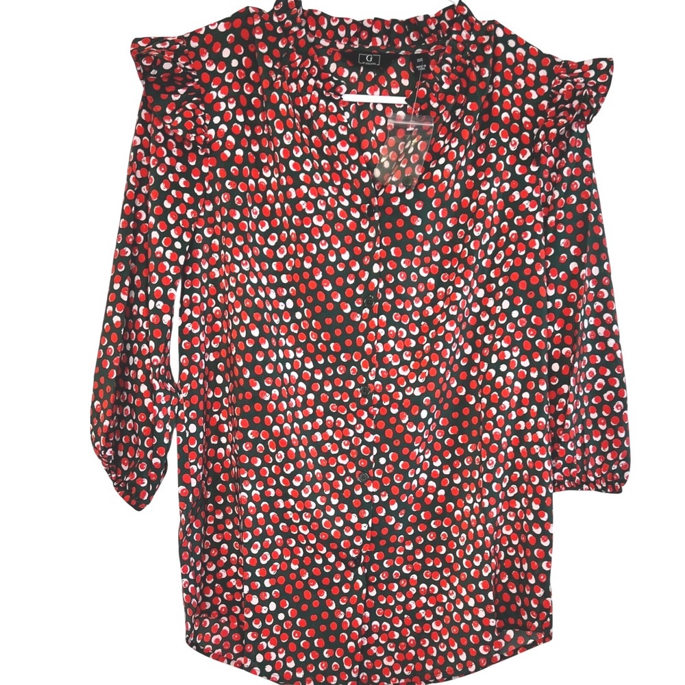 G by Giuliana Blouse Women XXS Red Polka Dot-Like. New Ruffle Shoulder 3/4